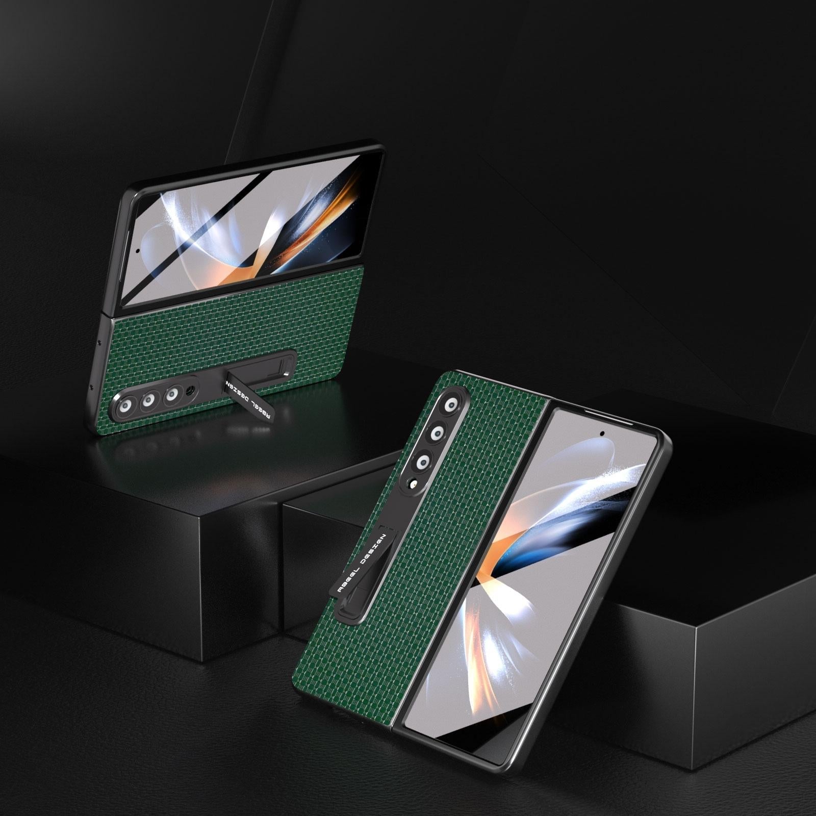 NNEDSZ Premium Leather Phone Case With Holder For Samsung Galaxy Z Fold 4 / 5G - Luxury Design - Coffee